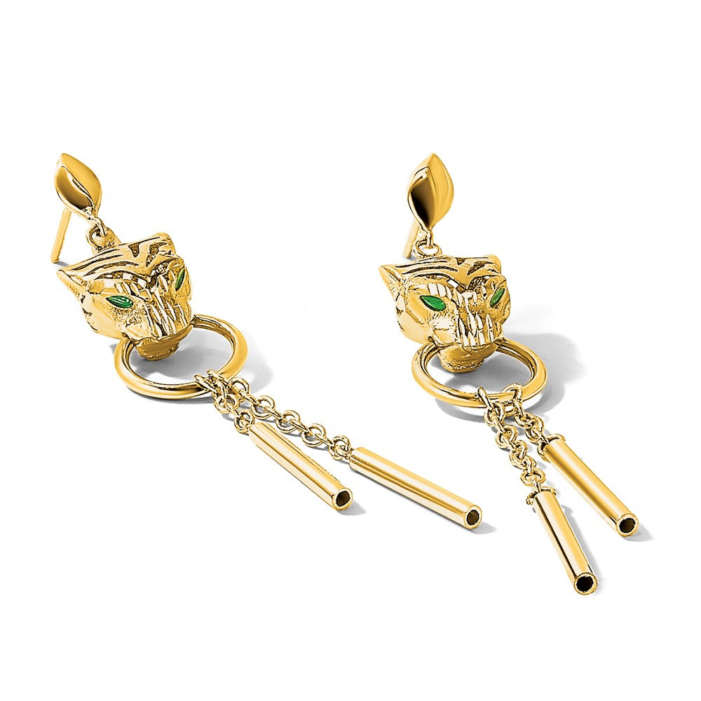 14K Yellow Gold Polished Green Enamel Tiger Post Dangle Earrings