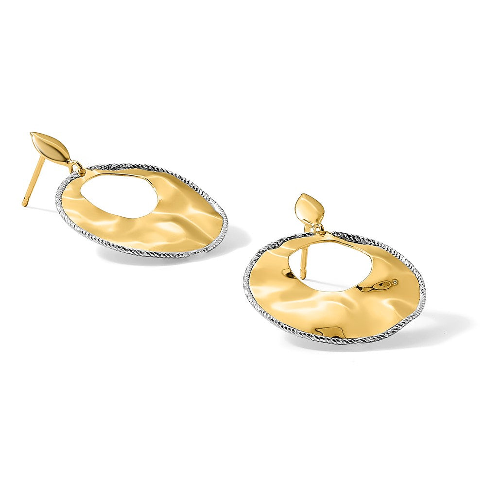 14K Two Tone Polished Textured Post Dangle Earrings