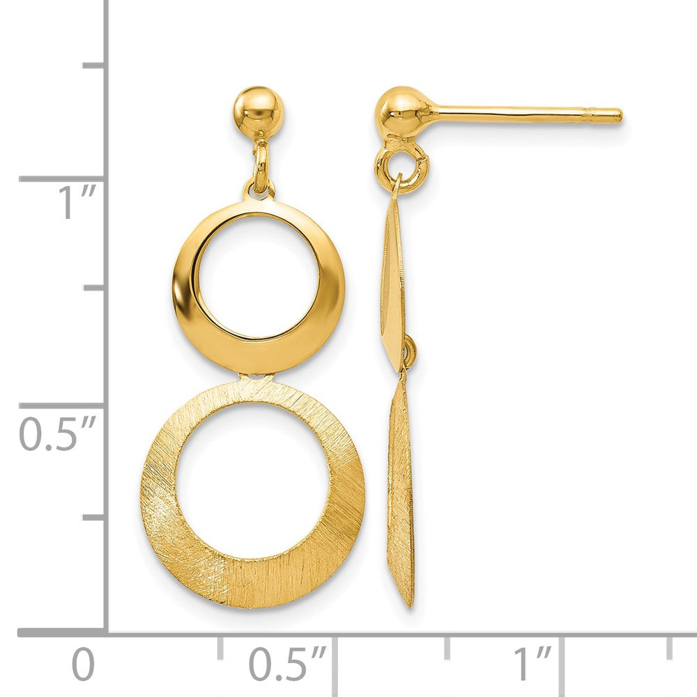 14K Yellow Gold Polished And Scratch Finish Circle Post Dangle Earrings