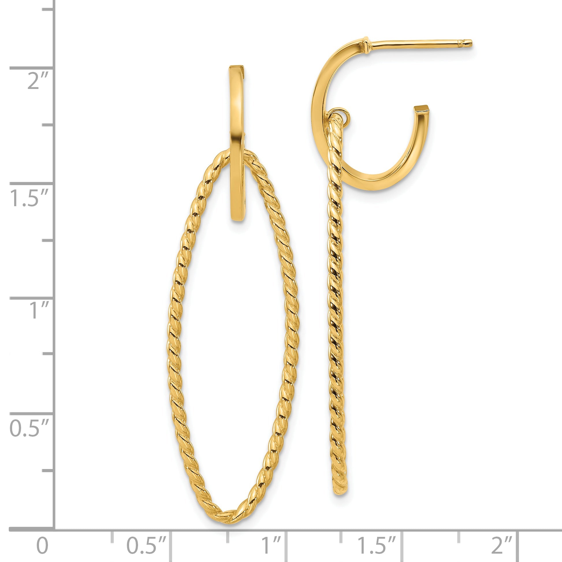 14K Yellow Gold Polished And Twist Dangle Oval J Hoop Earrings