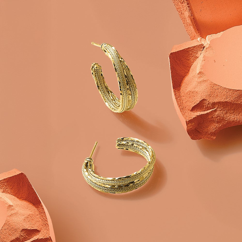 14K Yellow Gold Diamond Cut And Textured Post Hoop Earrings