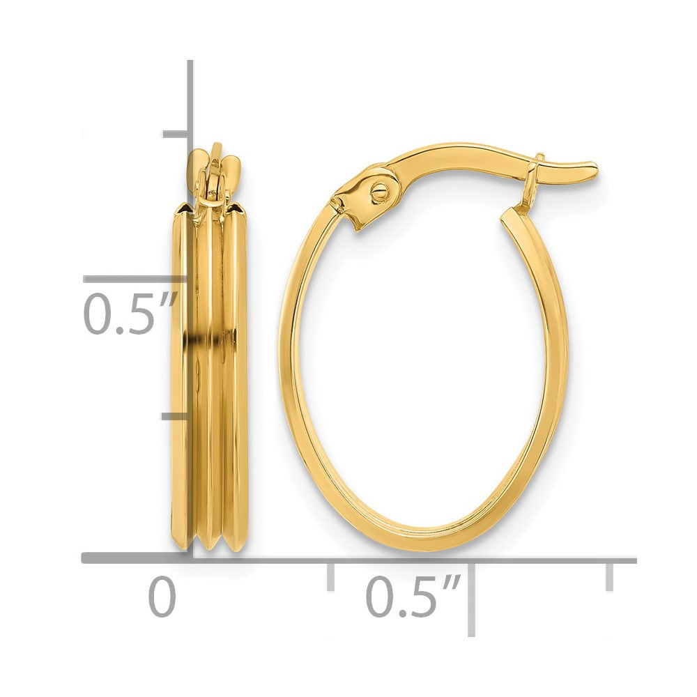 14K Yellow Gold Polished And Grooved Oval Hoop Earrings