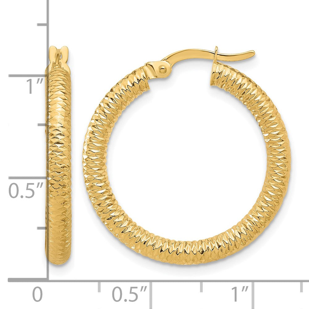 14K Yellow Gold Diamond Cut Round Hoop Earrings