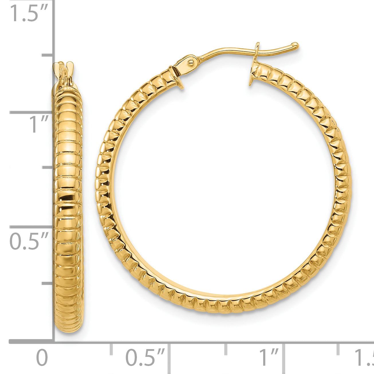 14K Yellow Gold Polished And Textured Round Hoop Earrings