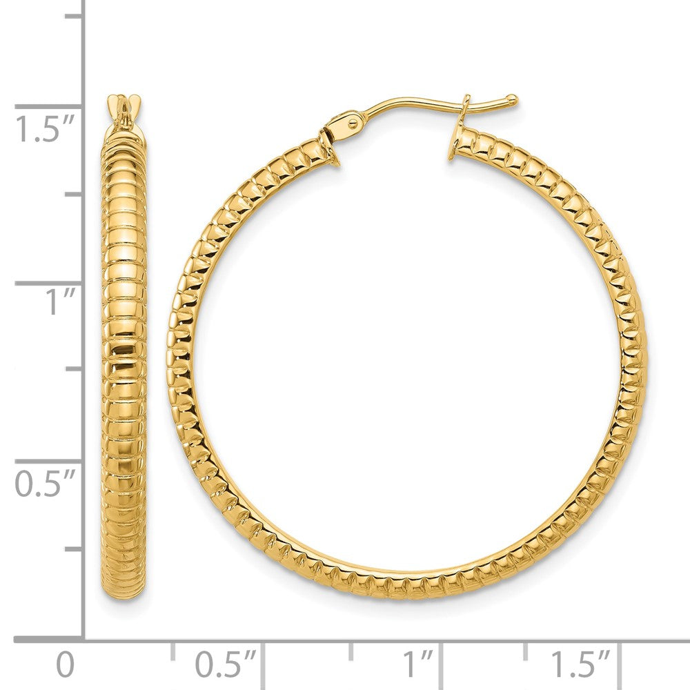 14K Yellow Gold Polished And Textured Round Hoop Earrings