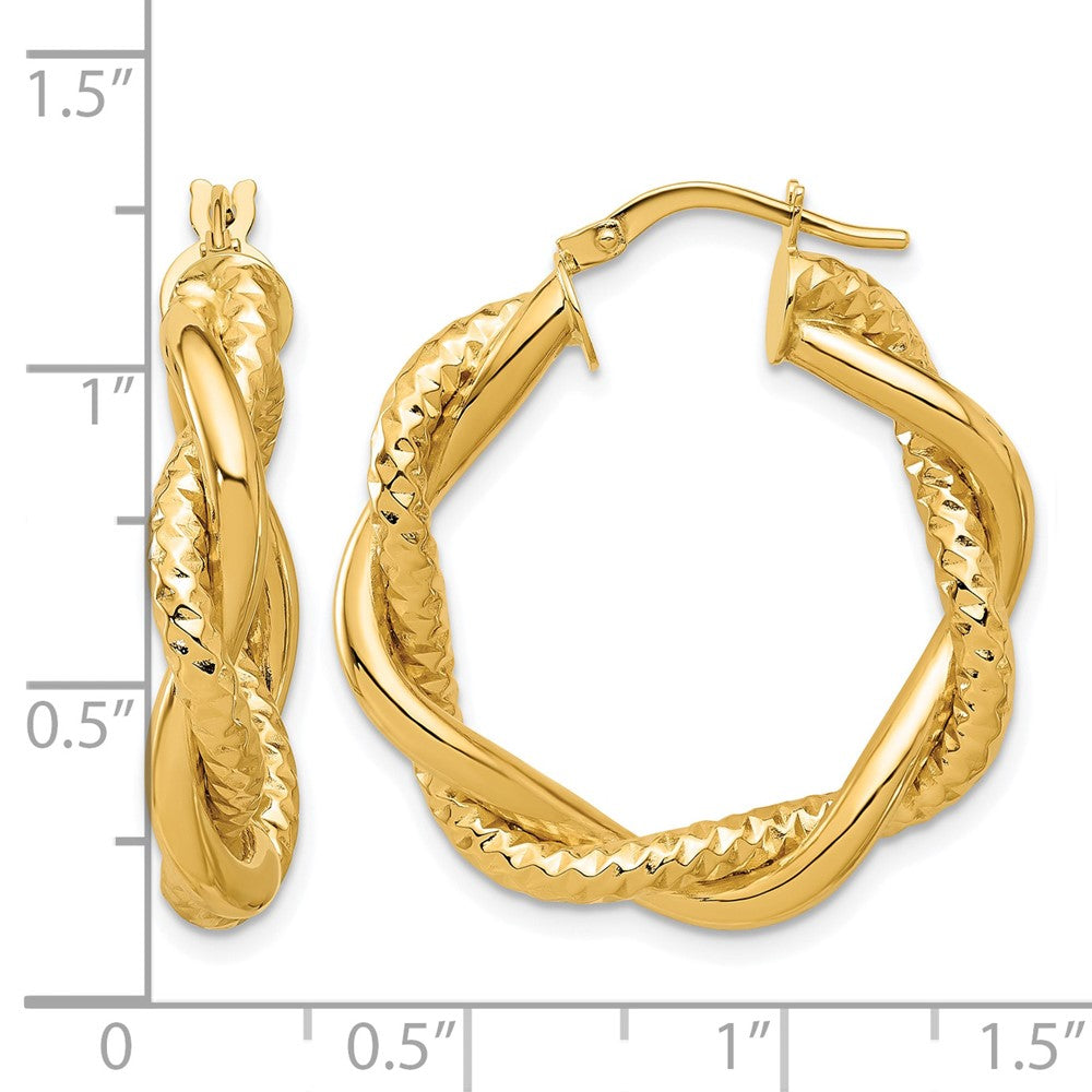 14K Yellow Gold Polished And Textured Twisted Round Hoop Earrings
