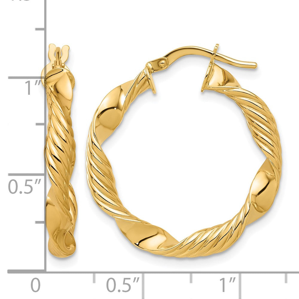 14K Yellow Gold Polished And Textured Round Hoop Earrings