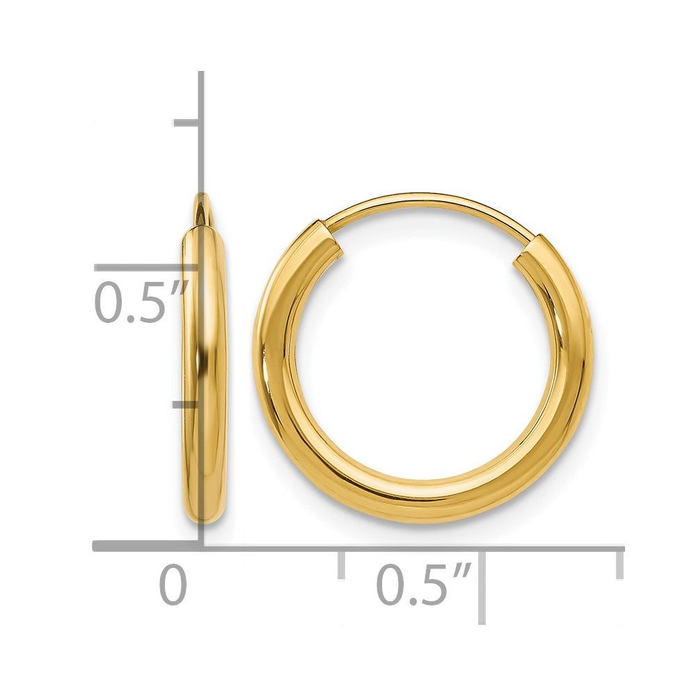 14K Yellow Gold Polished Round Endless 2mm Hoop Earrings