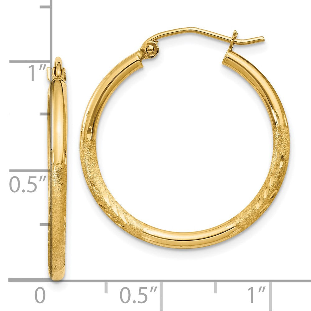 14K Yellow Gold Satin And D/C 2mm Round Tube Hoop Earrings