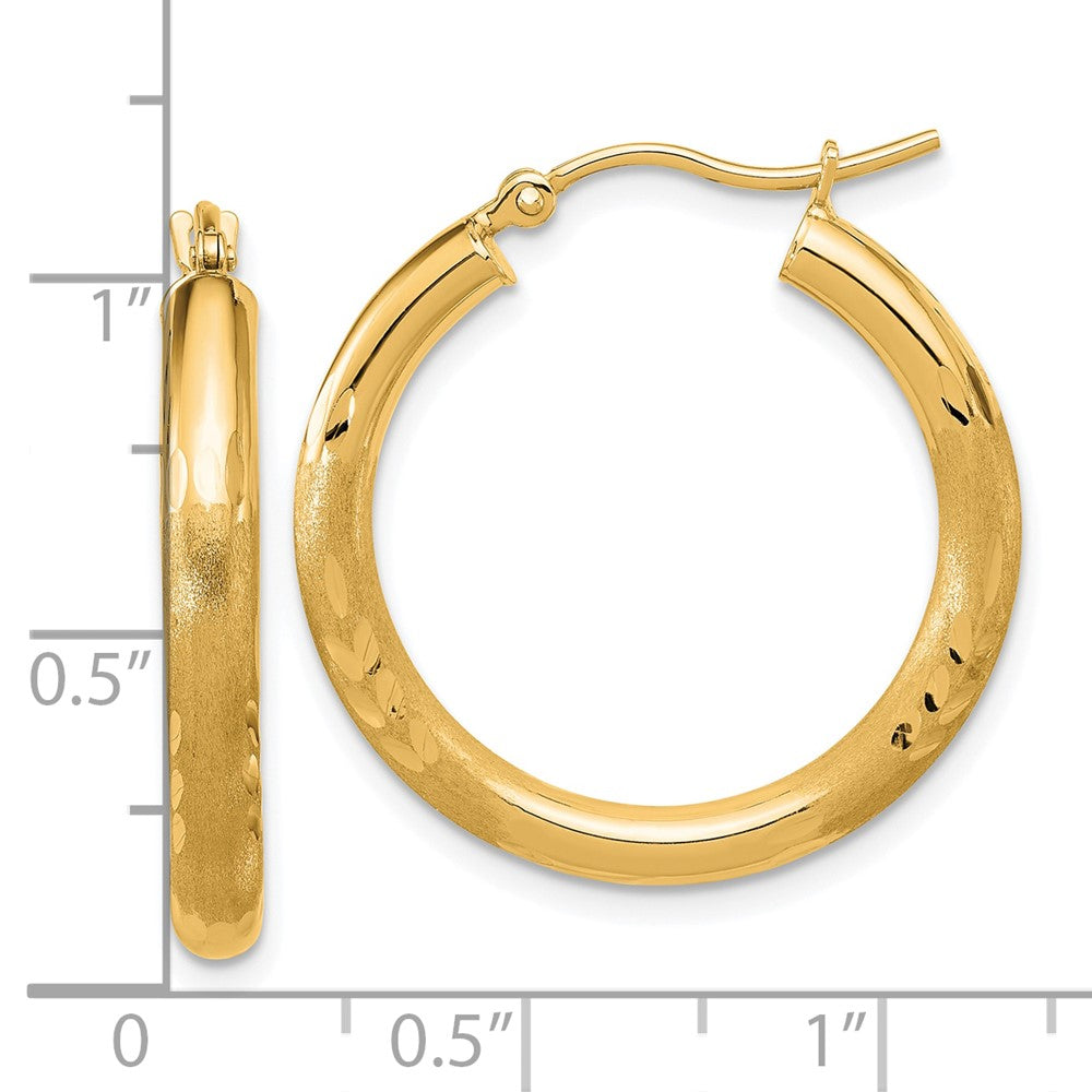 14K Yellow Gold Satin And D/C 3mm Round Hoop Earrings