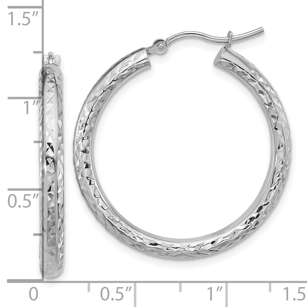 14K White Gold Diamond Cut 3mm Round Hoop Earrings