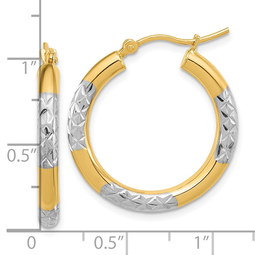 14K Yellow & Rhodium With Diamond Cut 3mm Hoop Earrings