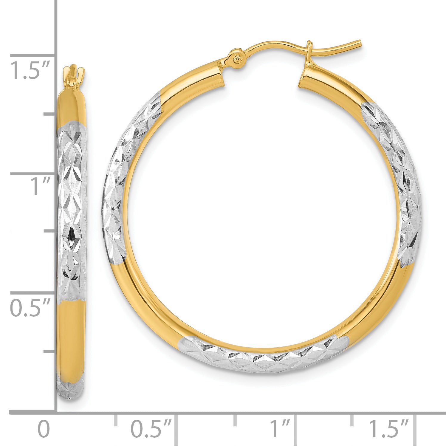 14K Yellow & Rhodium With Diamond Cut 3mm Hoop Earrings