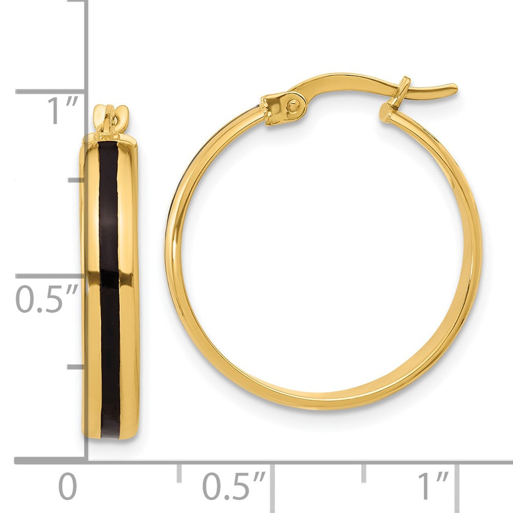 14K Yellow Gold Polished With Black Enamel Hoop Earrings