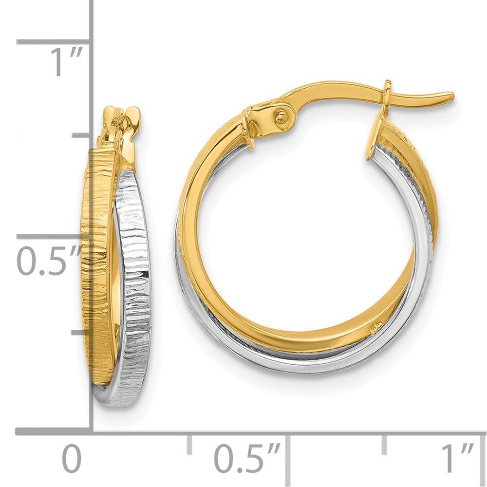 14K Two Tone Polished And Textured Bypass Hoop Earrings