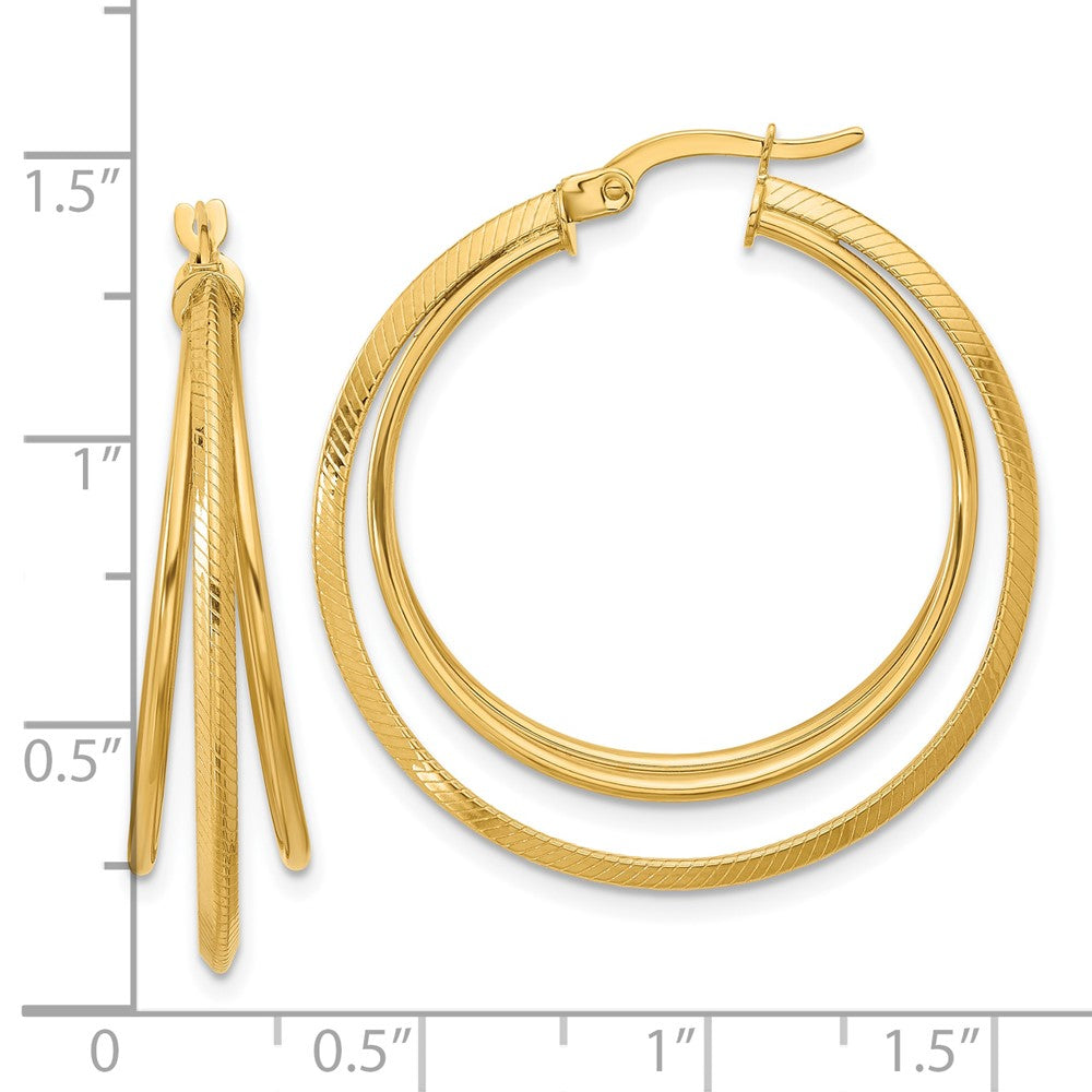 14K Yellow Gold Polished And Textured Triple Row Hoop Earrings