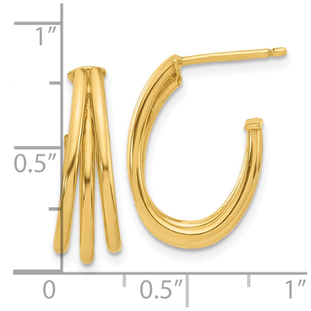 14K Yellow Gold Polished 3 Row J Hoop Post Earrings