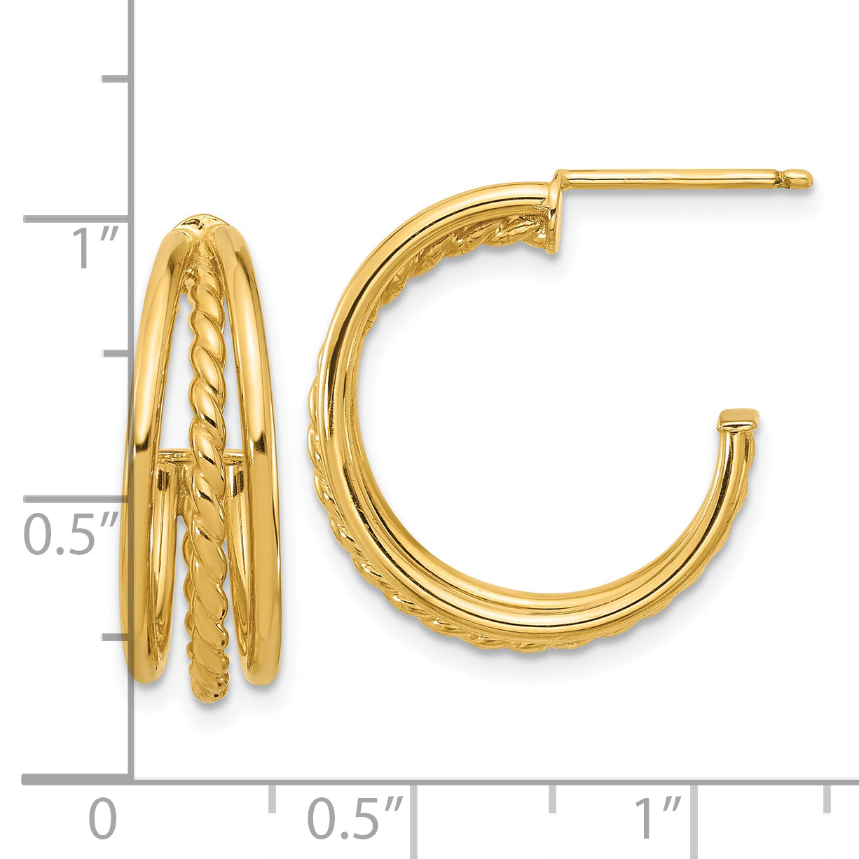 14K Yellow Gold Polished And Textured 3 Row Round J Hoop Post Earrings