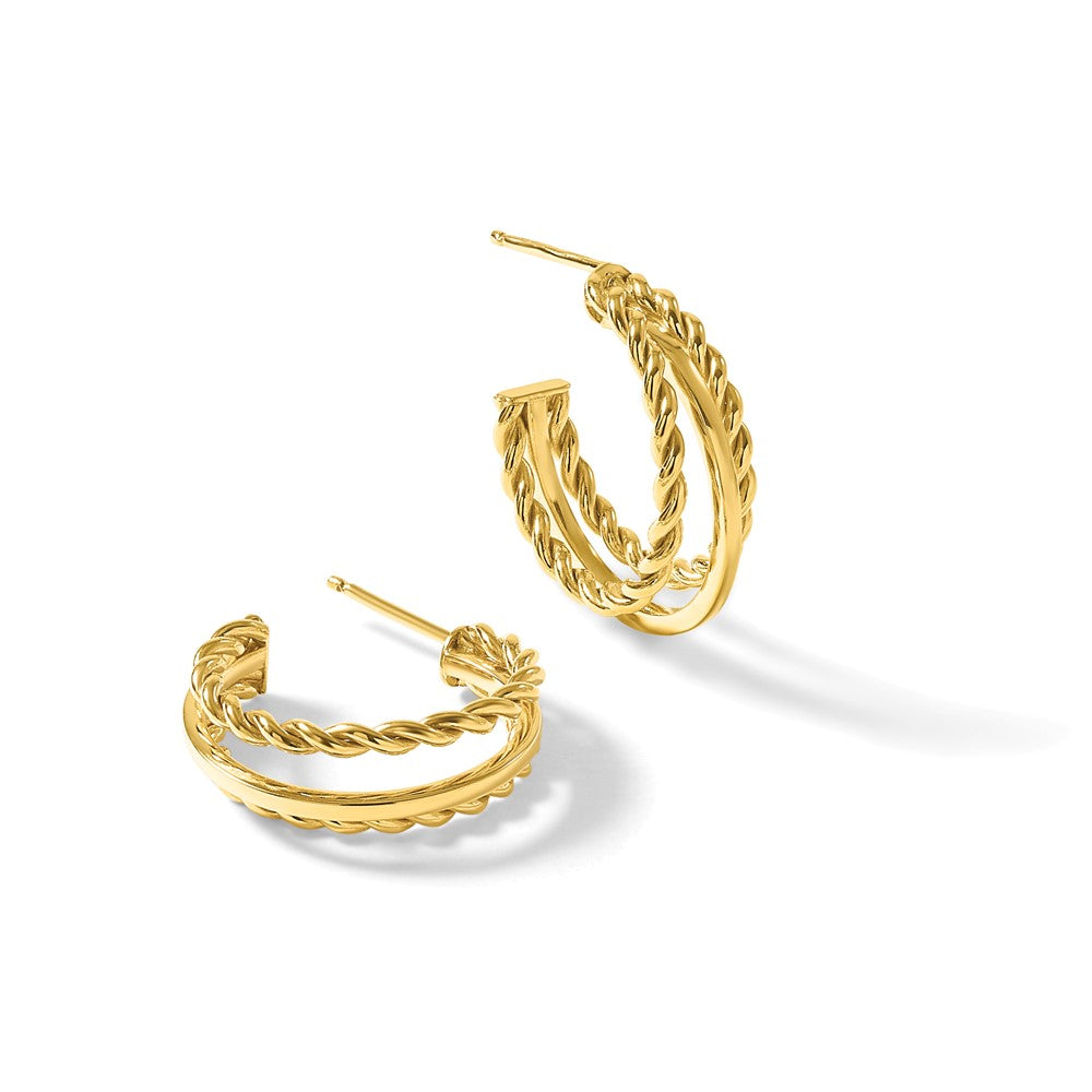 14K Yellow Gold Polished And Textured 3 Row Round J Hoop Post Earrings