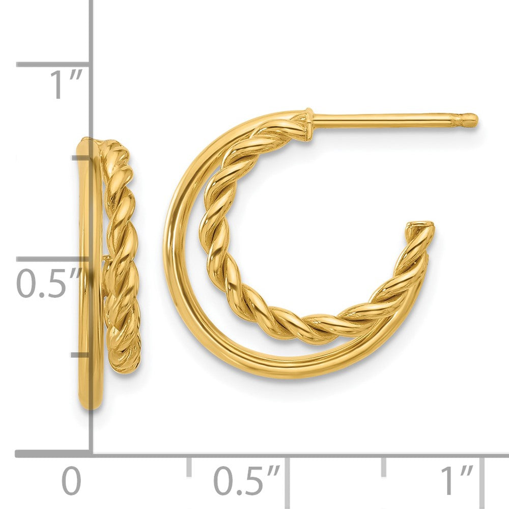 14K Yellow Gold Polished And Textured 2 Row J Hoop Post Earrings