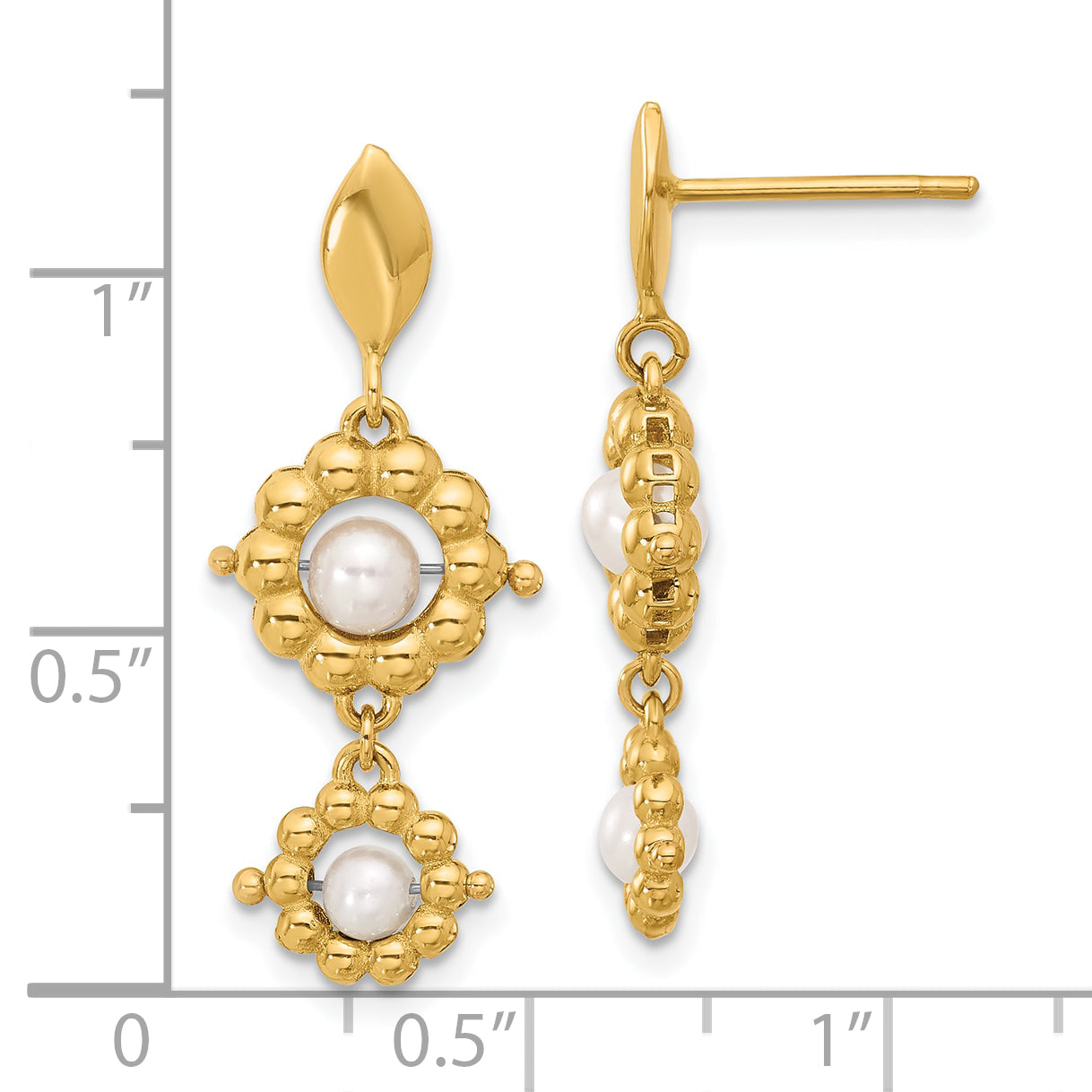 14K Yellow Gold Polished Fwc Pearl Flower Post Dangle Earrings