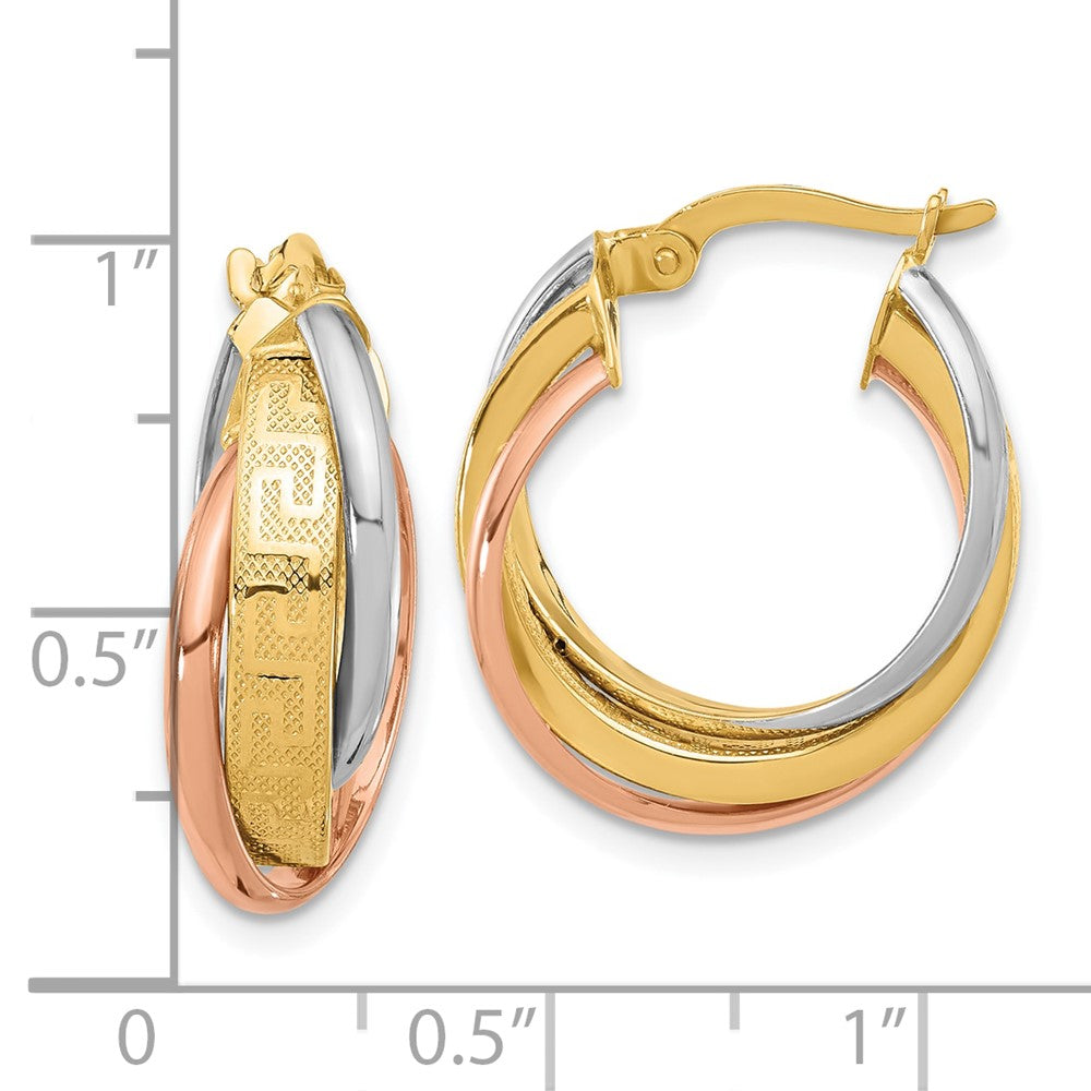 14K Tri Color Polished With Textured Greek Key Hoop Earrings