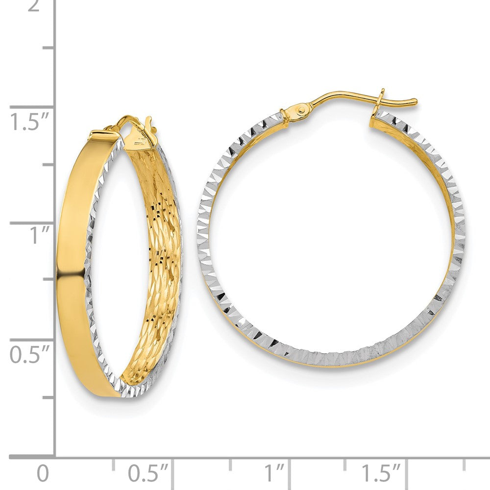 14K Yellow & Rhodium White Polished And Diamond Cut Hoop Earrings