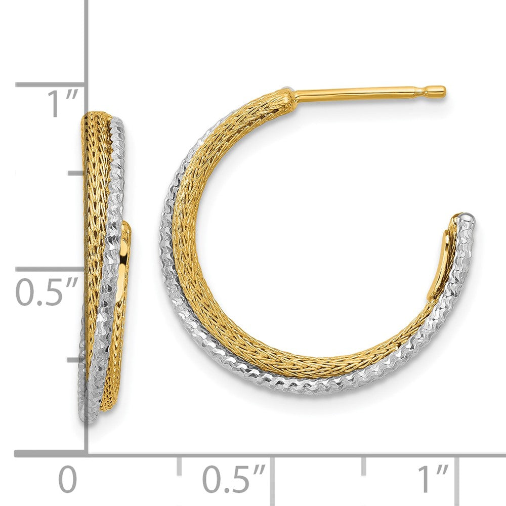 14K Yellow & Rhodium Polished/Textured/Dia Cut J Hoop Earrings