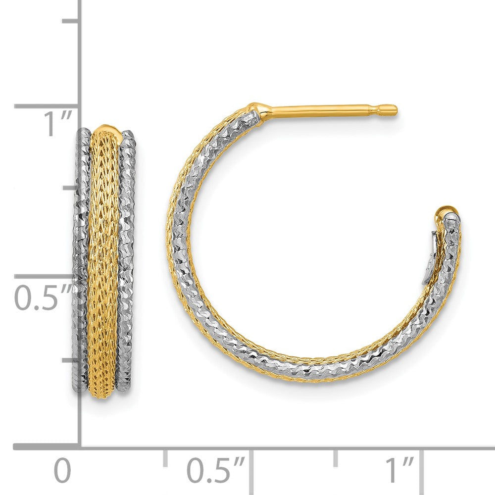 14K Yellow & Rhodium Polished/Textured/Dia Cut J Hoop Earrings