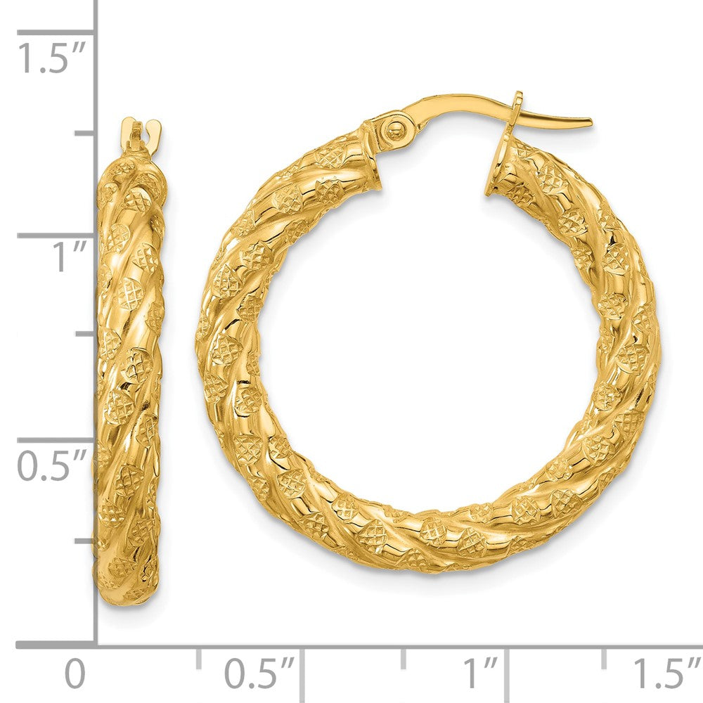 14K Yellow Gold Polished And Textured Twisted Circle Hoop Earrings
