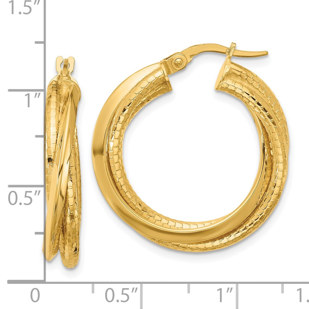 14K Yellow Gold Polished And Textured Twisted Circle Hoop Earrings