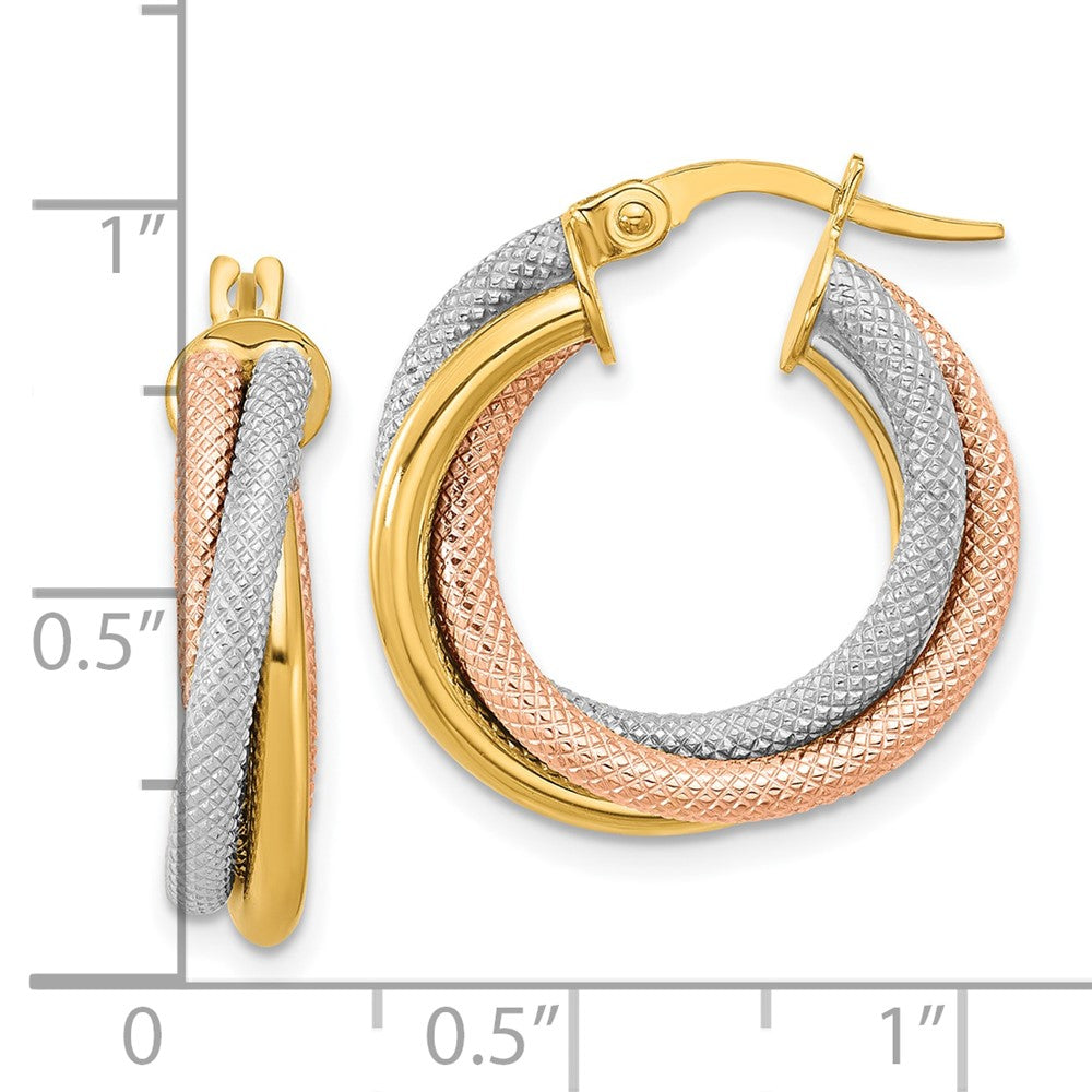 14K Yellow & Rhodium With White And Rose Gold Plating Twisted Tube Hoop Earrings