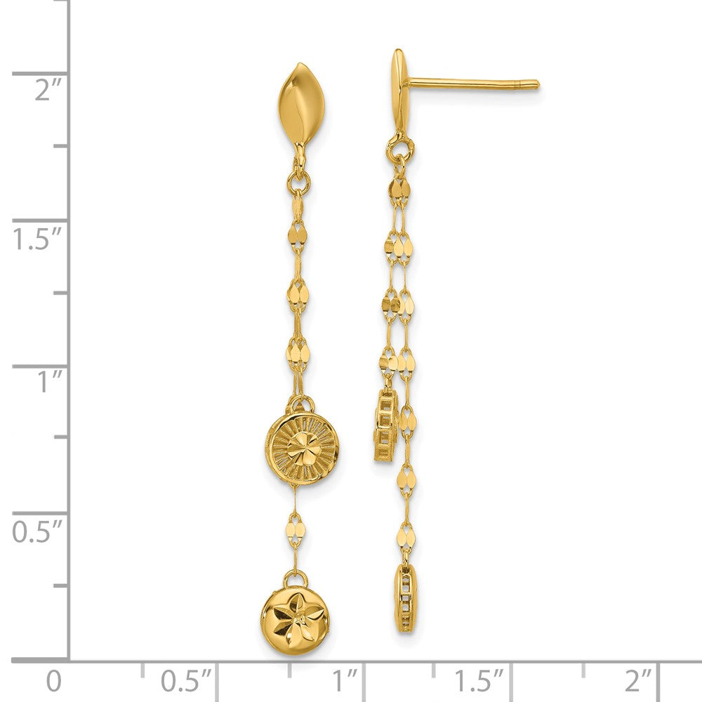 14K Yellow Gold Polished And Diamond Cut Disc Dangle Post Earrings