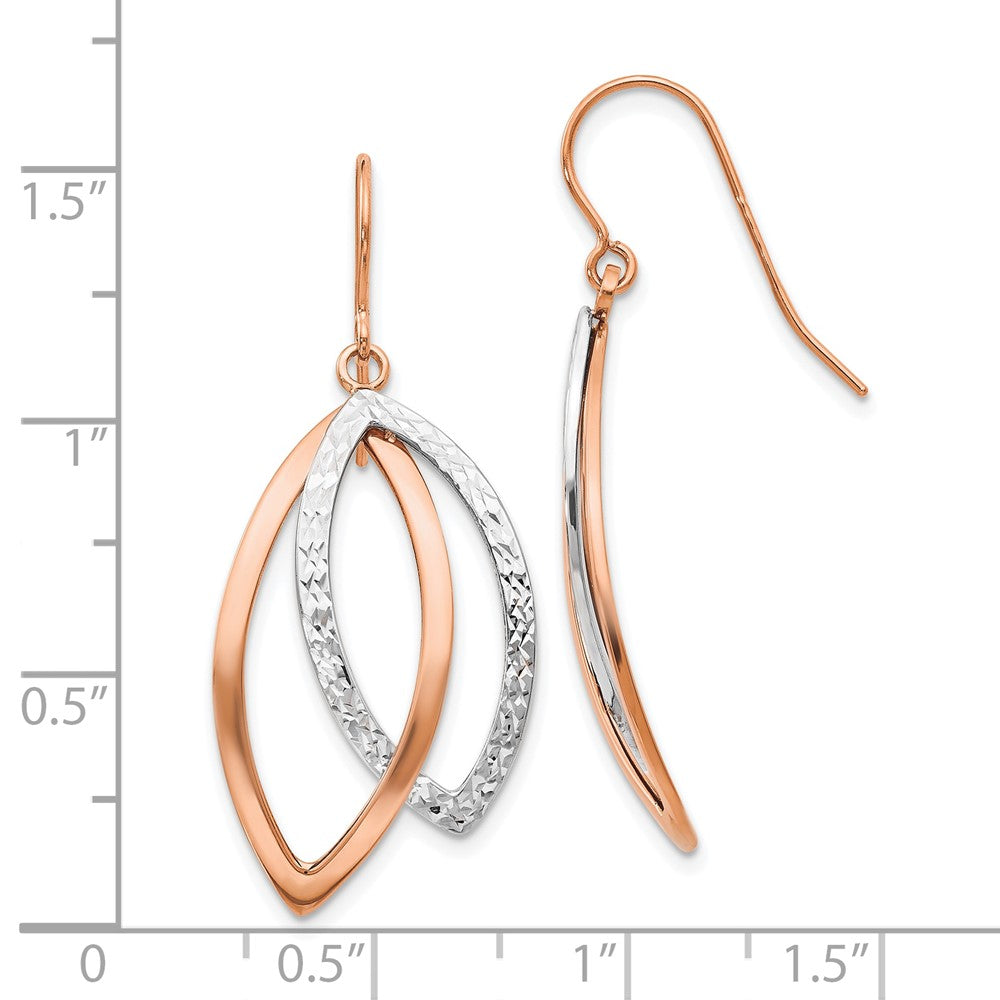 14K White/Rose Gold Two Tone Polish/Textured Wire Dangle Earrings