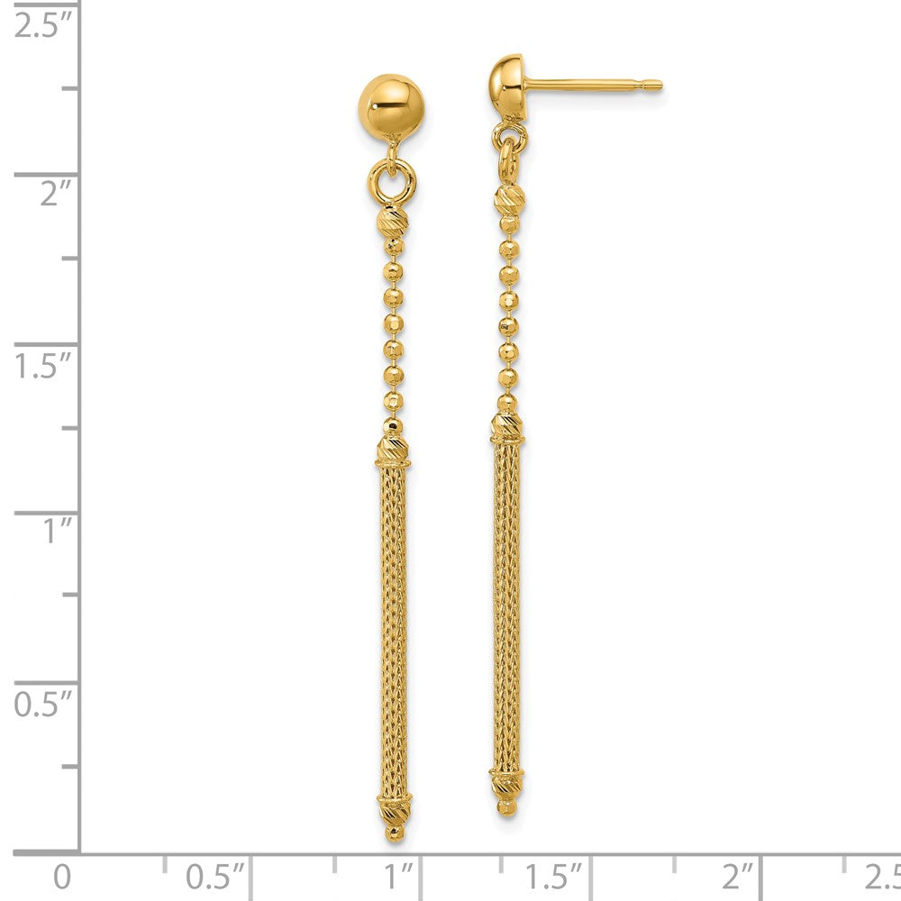 14K Yellow Gold Polish/Texture/Dia Cut Bead Bar Dangle Post Earrings