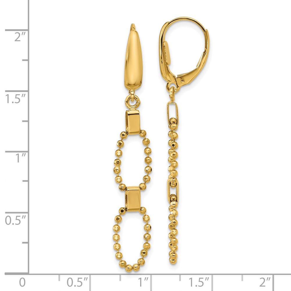 14K Yellow Gold Polished/Dia Cut Beaded Link Dangle Leverback Earrings