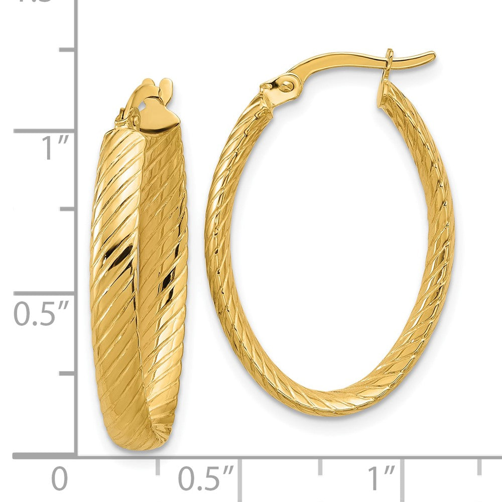 14K Yellow Gold Polished And Grooved Oval Hoop Earrings