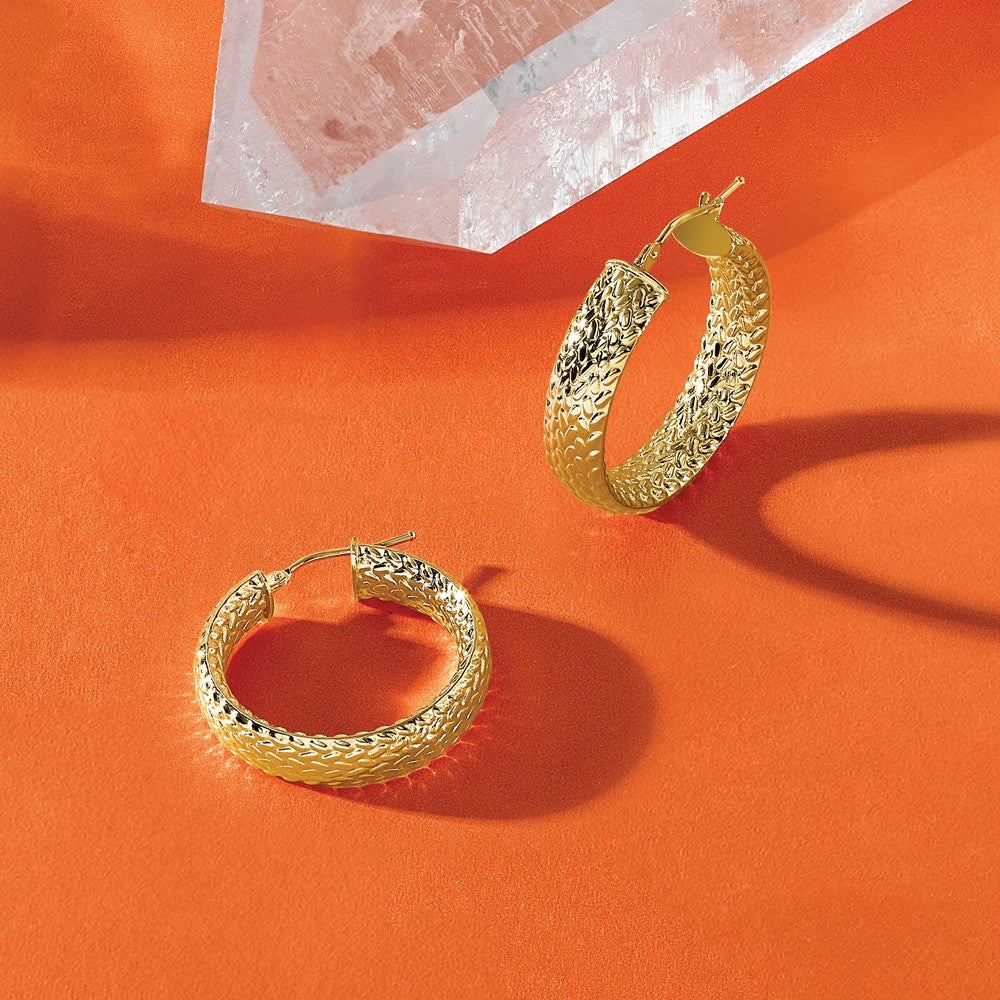 14K Yellow Gold Polished Weave Design Round Hoop Earrings