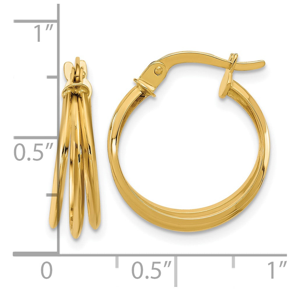 14K Yellow Gold Polished 3 Row Round Hoop Earrings