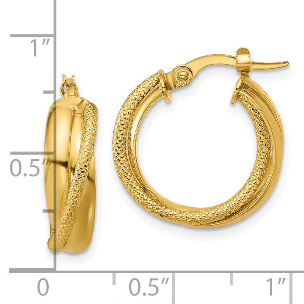 14K Yellow Gold Polished And Textured Round Hoop Earrings