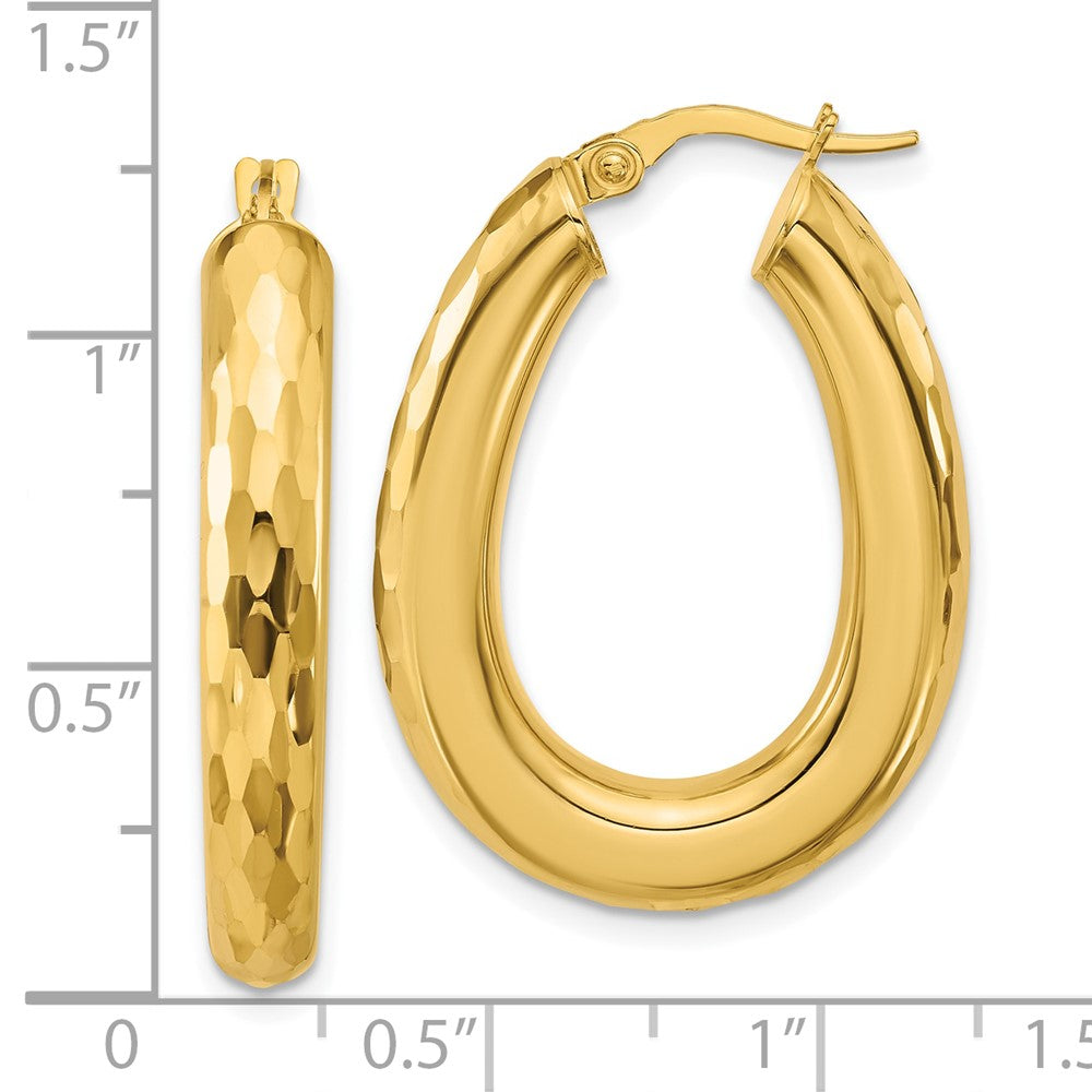 14K Yellow Gold Polished And Diamond Cut Oval Hoop Earrings