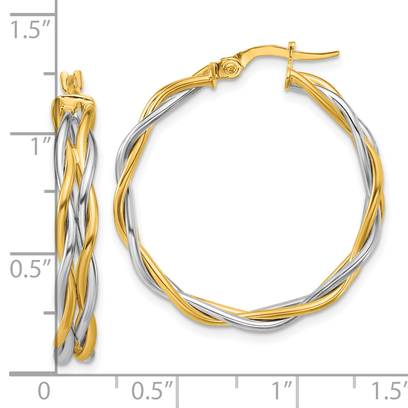 14K Two Tone With Rhodium Polished Twisted Round Hoop Earrings