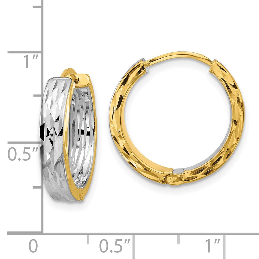 14K Yellow & Rhodium Rh Polish/Dia Cut Square Tube Hinged Hoop Earrings