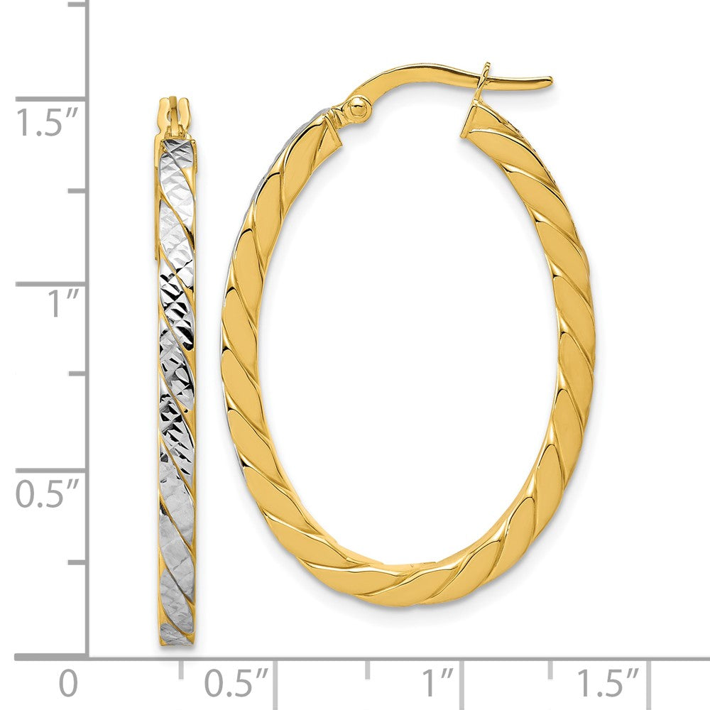 14K Yellow & Rhodium Polished And Dia Cut Oval Hoop Earrings