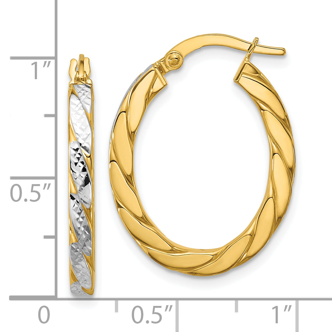 14K Yellow & Rhodium Polished And Dia Cut Oval Hoop Earrings
