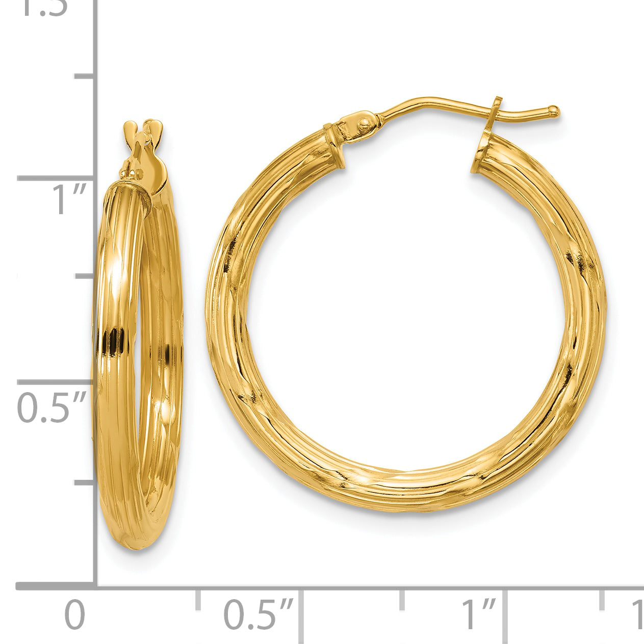 14K Yellow Gold Polished And Grooved Round Hoop Earrings