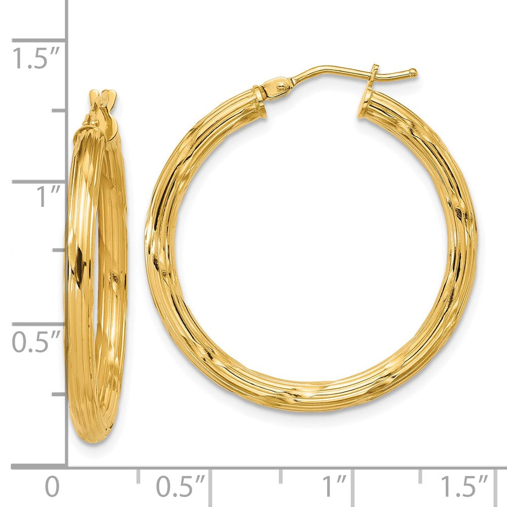 14K Yellow Gold Polished And Grooved Round Hoop Earrings
