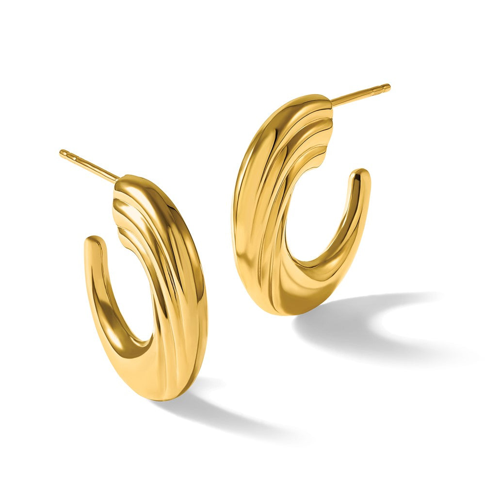14K Yellow Gold Polished And Grooved J Hoop Post Earrings
