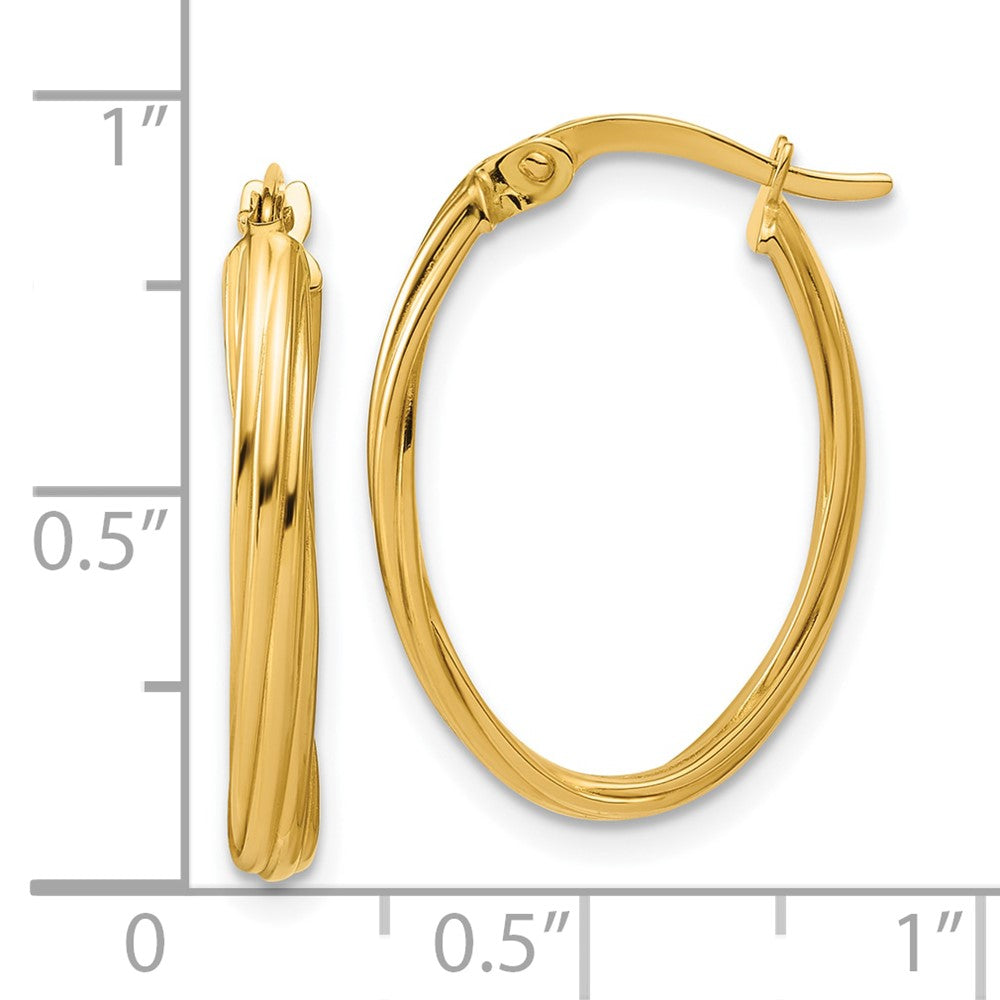 14K Yellow Gold Polished And Grooved Twist Oval Hoop Earrings