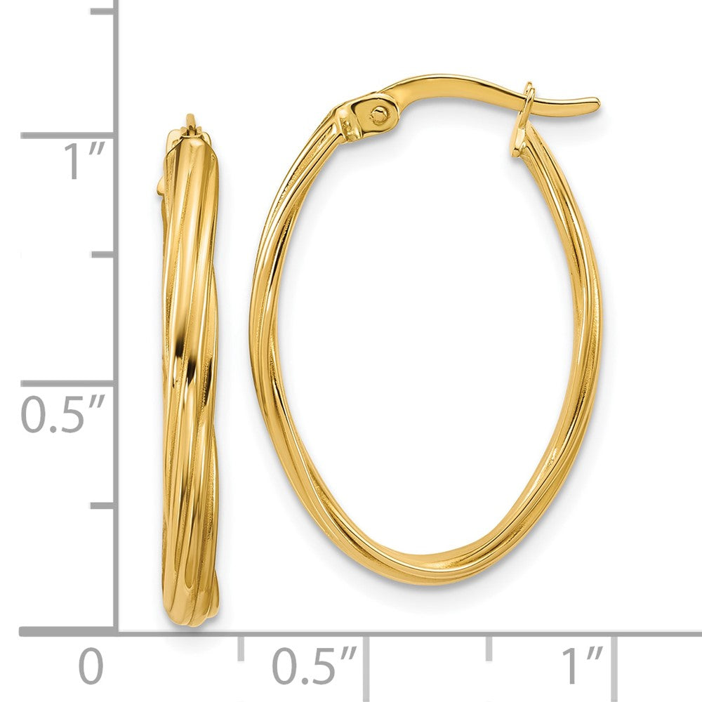 14K Yellow Gold Polished And Grooved Twist Oval Hoop Earrings